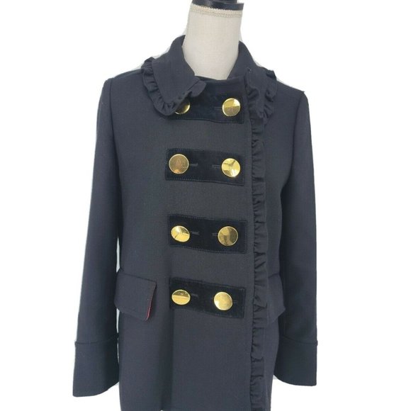 Kate Spade Broome Street Black Wool Ruffle Velvet Trim Bow Peacoat Women Size 0
